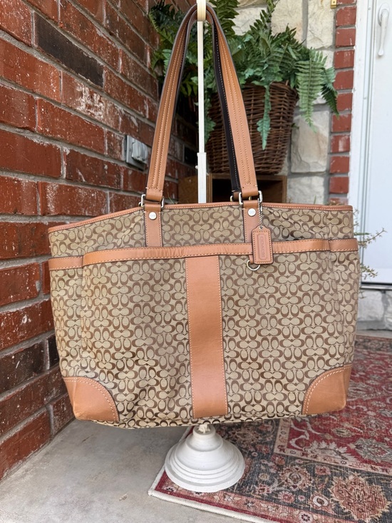 Coach Handbags - Coach Signature of Print Tote Bag in Tan and Brown